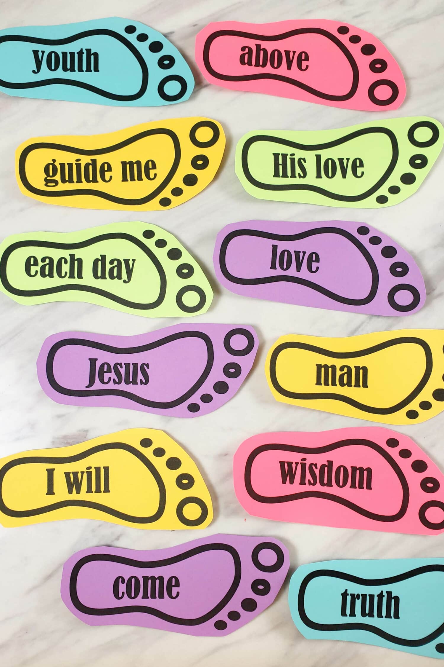 I Will Walk with Jesus footprint words singing time ideas