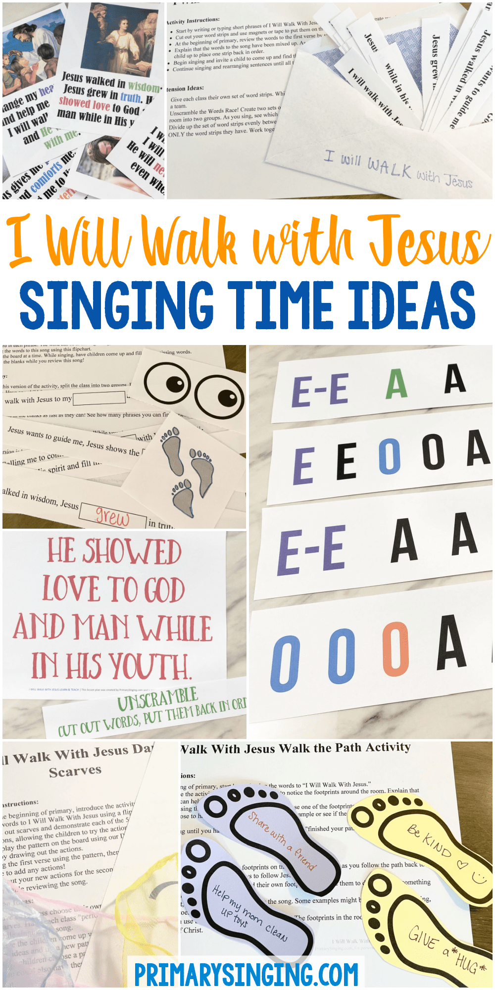 12 fun and engaging ways to teach I Will Walk with Jesus singing time ideas including a variety of printable song helps for LDS Primary music leaders. Use these fun engaging ways to teach with a letter sounds, unscramble lyrics, learn & teach task, walk the path, dance scarves and more!