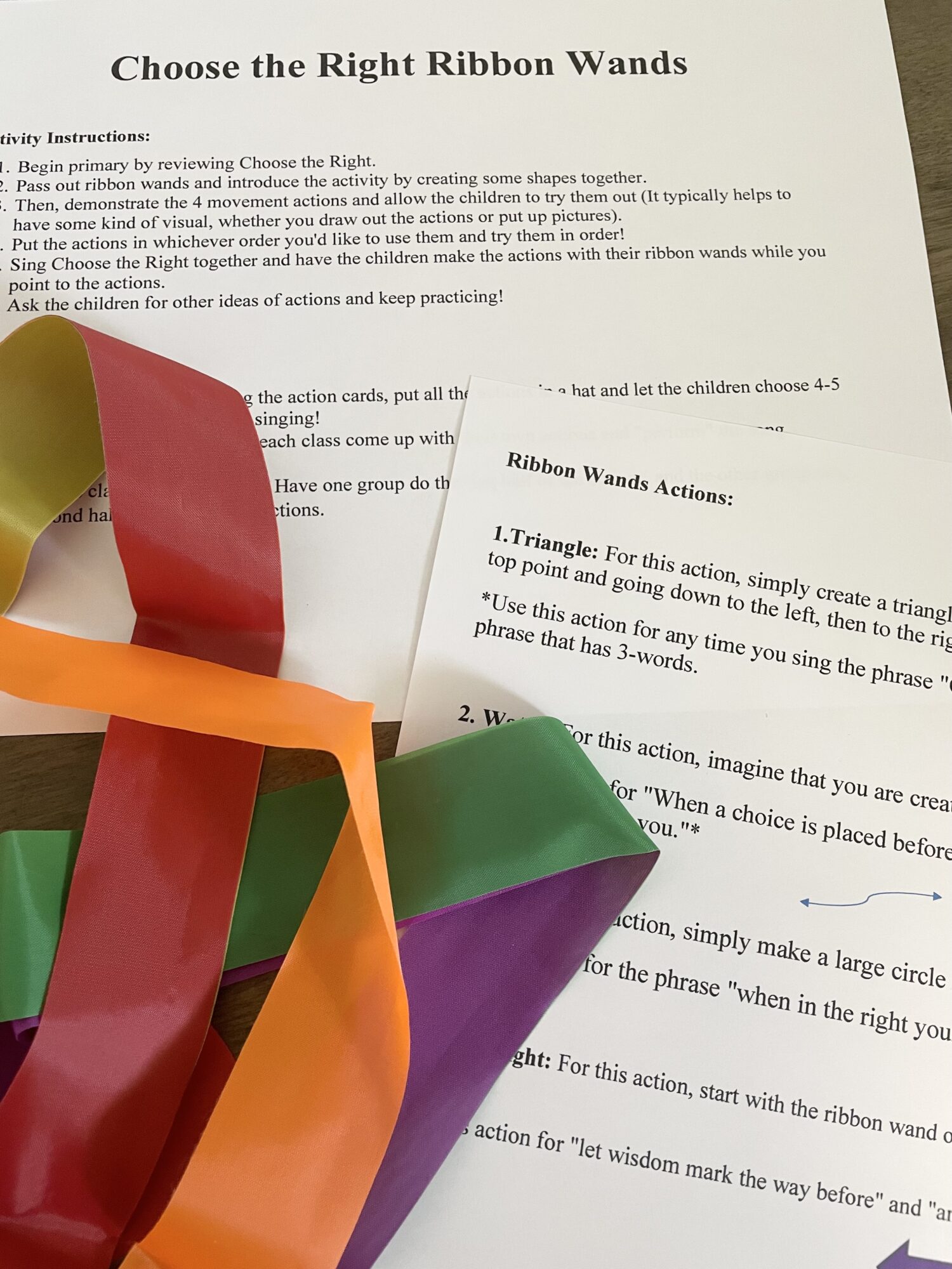 Choose the Right ribbon wands fun and engaging movement singing time idea for LDS Primary music leaders. See how to use ribbon wands to teach this song with printable song helps.