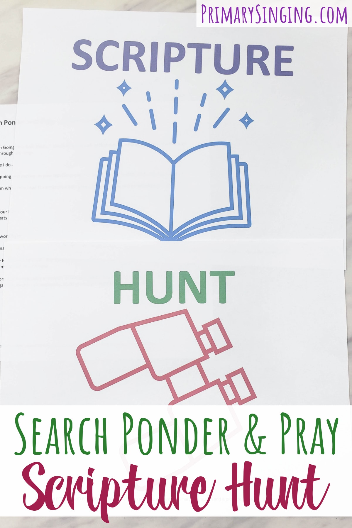 Search Ponder and Pray Scripture Hunt singing time ideas for LDS Primary music Leaders