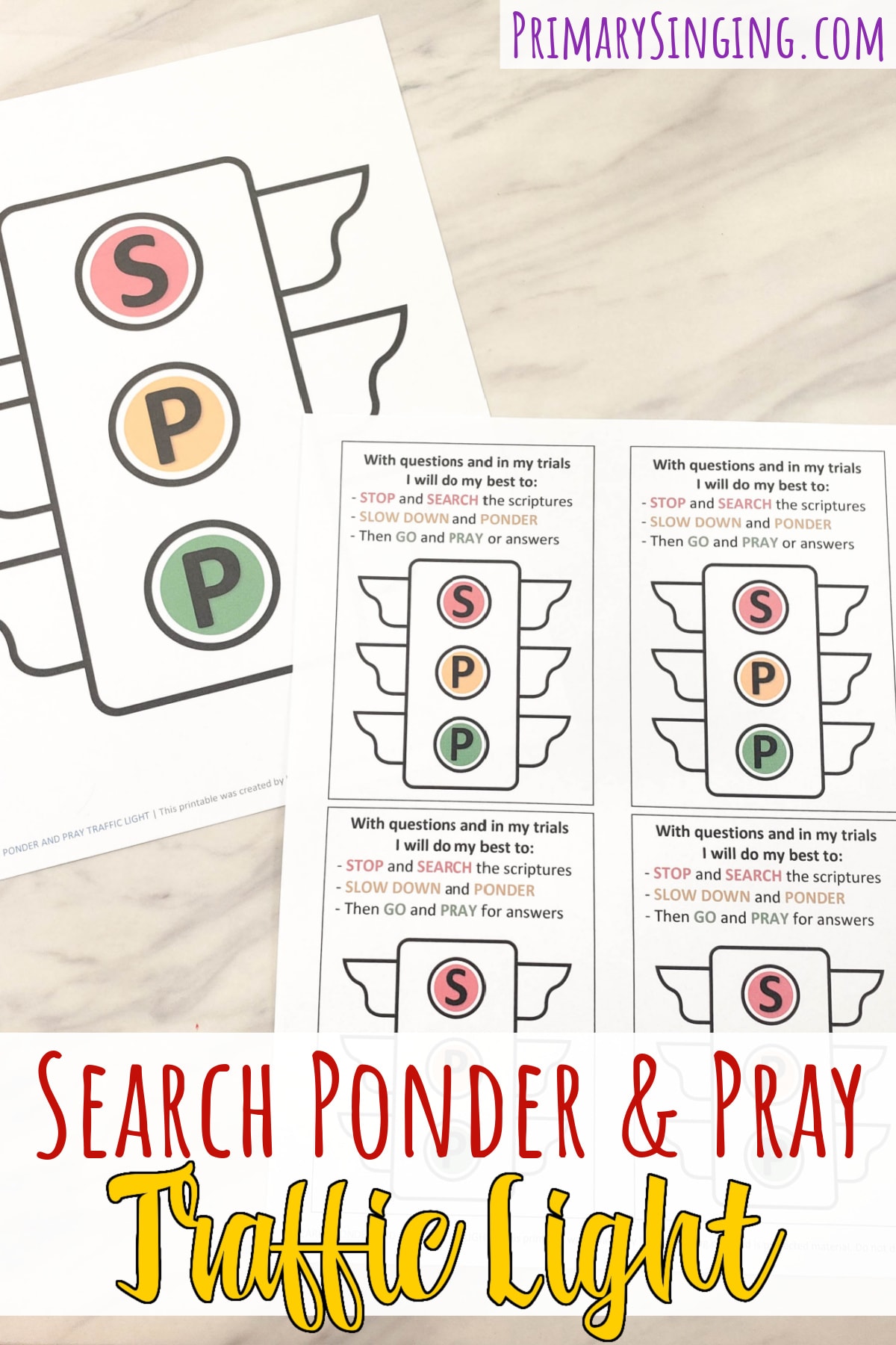 Search Ponder and Pray Traffic Light Singing time idea for LDS Primary music leaders including printable song helps to help you teach Search Ponder & Pray!