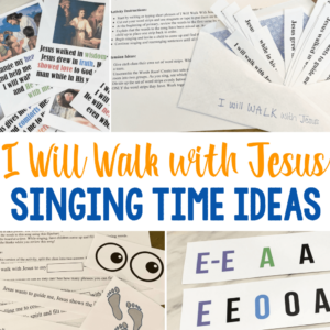 12 fun and engaging ways to teach I Will Walk with Jesus singing time ideas including a variety of printable song helps for LDS Primary music leaders. Use these fun engaging ways to teach with a letter sounds, unscramble lyrics, learn & teach task, walk the path, dance scarves and more!