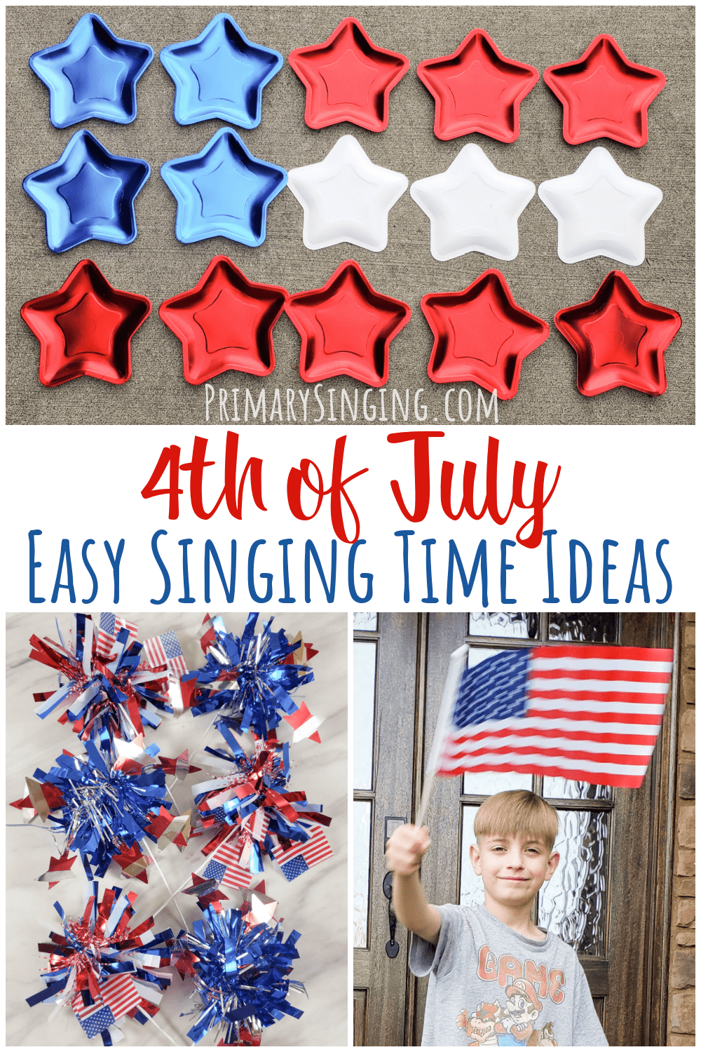 10 fun and easy Patriotic 4th of July Singing time ideas for LDS Primary music leaders!! Finger lights, pom poms, paper plate flag, write/color in a flag, wave the flag, and more fun ideas! 