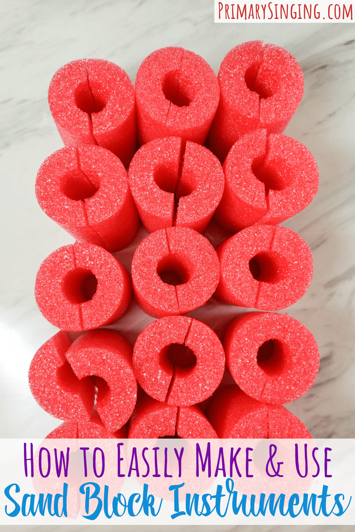 Easy DIY 5 minute tutorial on how to make sand block instruments! Perfect for singing time LDS Primary Music Leaders and preschoolers! Make a set of 15 pool noodle sand blocks for $2.