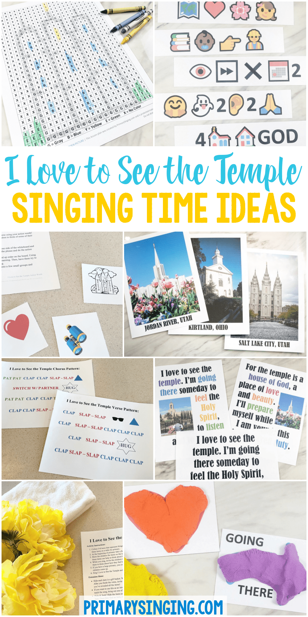 I Love to See the Temple Singing Time Ideas for LDS Primary Music Leaders - 15 fun ways to teach I Love to See the Temple including an object lesson, emojis, hidden picture, playdoh, temple match and more!