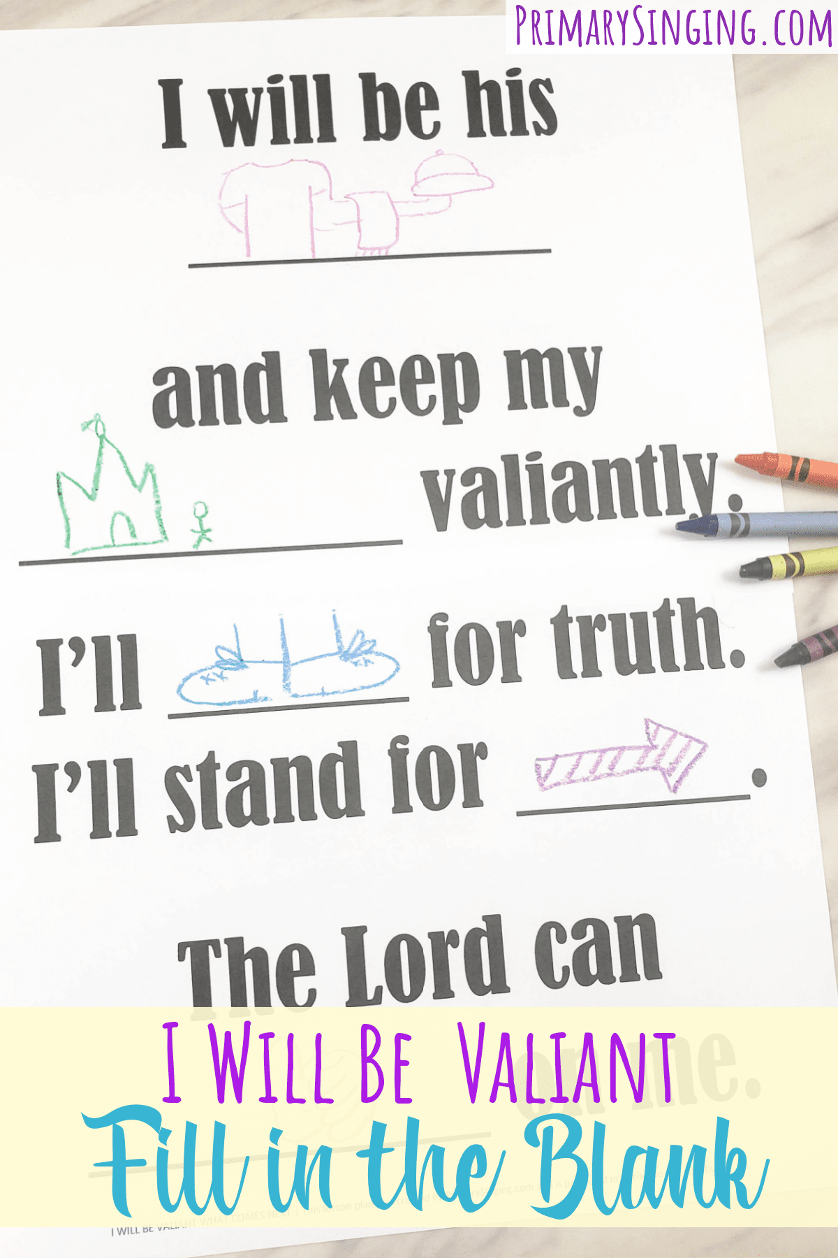 I Will Be Valiant Fill in the Blank singing time ideas for LDS Primary music leaders. Have the kids help you fill in the missing lyrics or draw a simple representation of the word and try the fun extension ideas to add movement or a challenge with these printable song helps for teaching I Will Be Valiant in Primary.