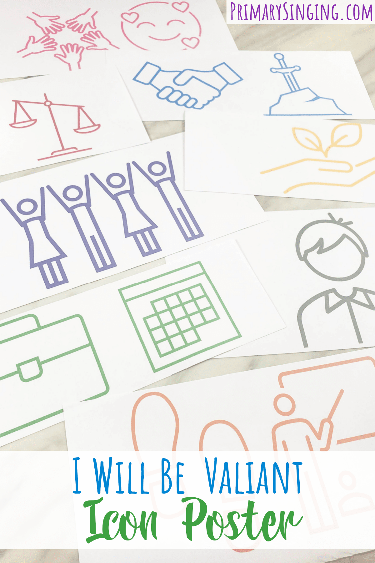 I Will Be Valiant Icon Poster singing time ideas for LDS Primary Music Leaders. Use this creative symbols poster to help teach I Will Be Valiant by decoding which keyword each symbol represents. You can unscramble or add an action or skip singing with these fun printable song helps.