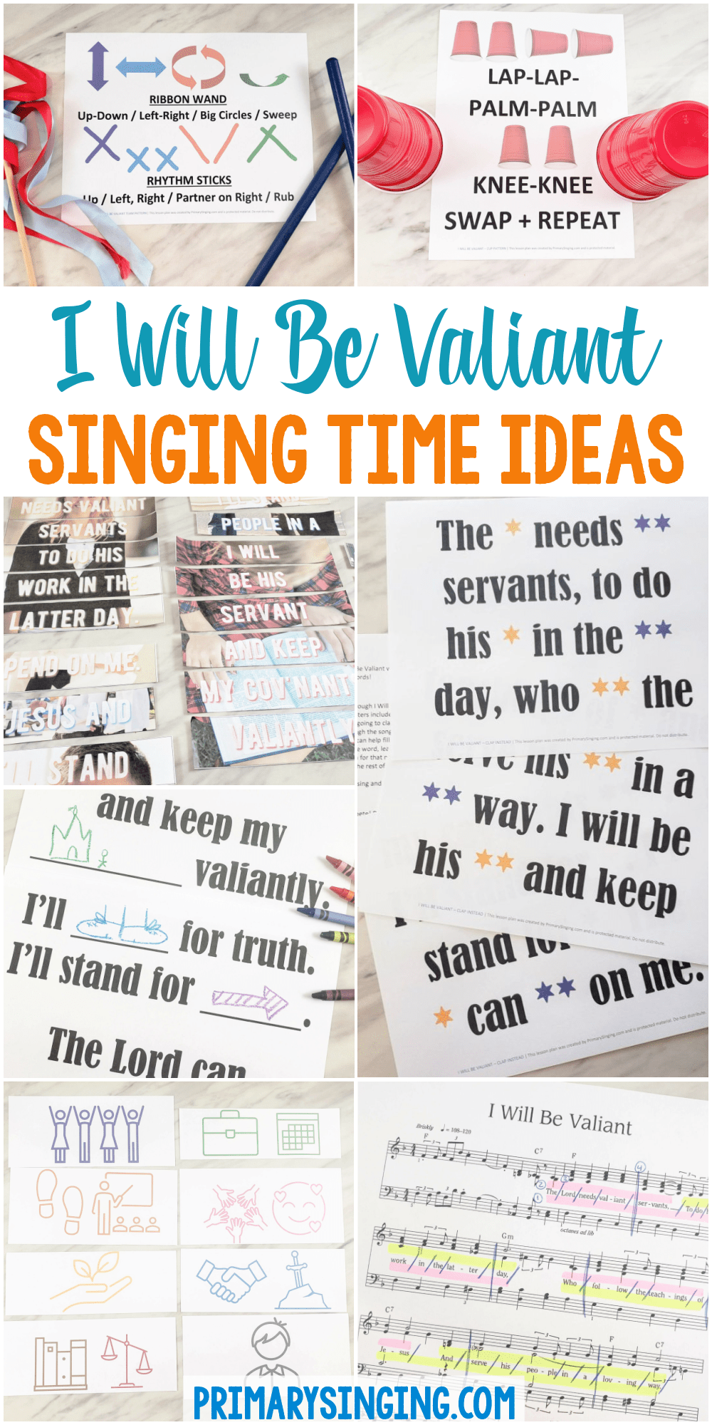 25 I Will Be Valiant singing time ideas with lots of printable song helps, visuals, flip charts, and lesson plans to help you teach this song for LDS Primary music leaders / Primary choristers. Includes ribbon wands, cup pattern, picture puzzle, clap instead, tag team singing, icon poster, and many more fun ideas!