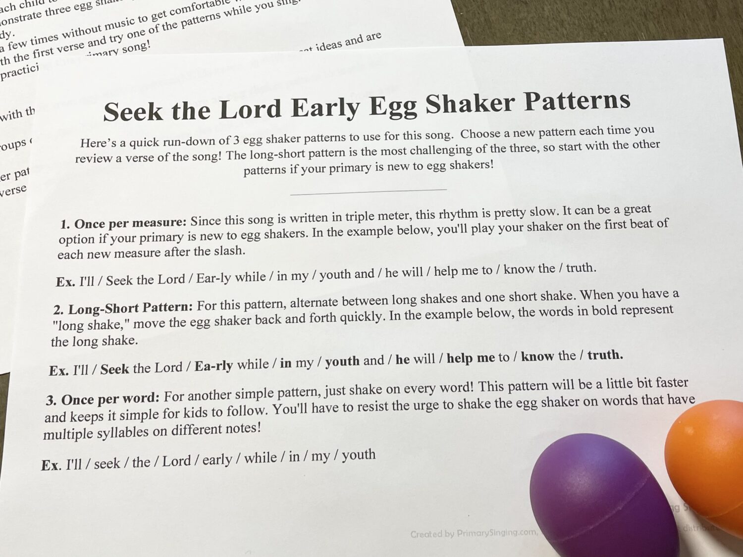 Seek the Lord Early Egg Shakers singing time idea for LDS Primary Music Leaders
