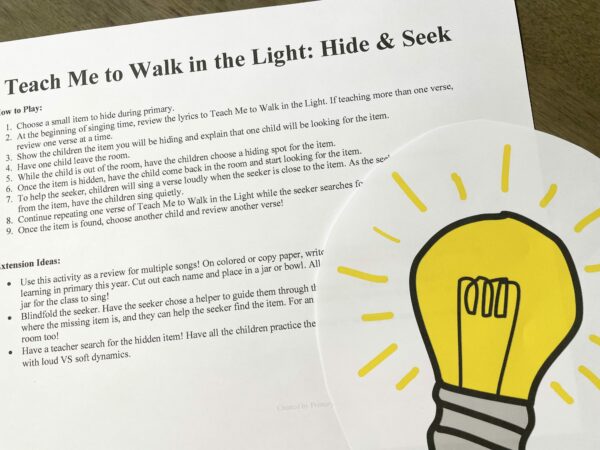 Teach Me to Walk in the Light Hide & Seek singing time idea and printable song helps for LDS Primary Music Leaders