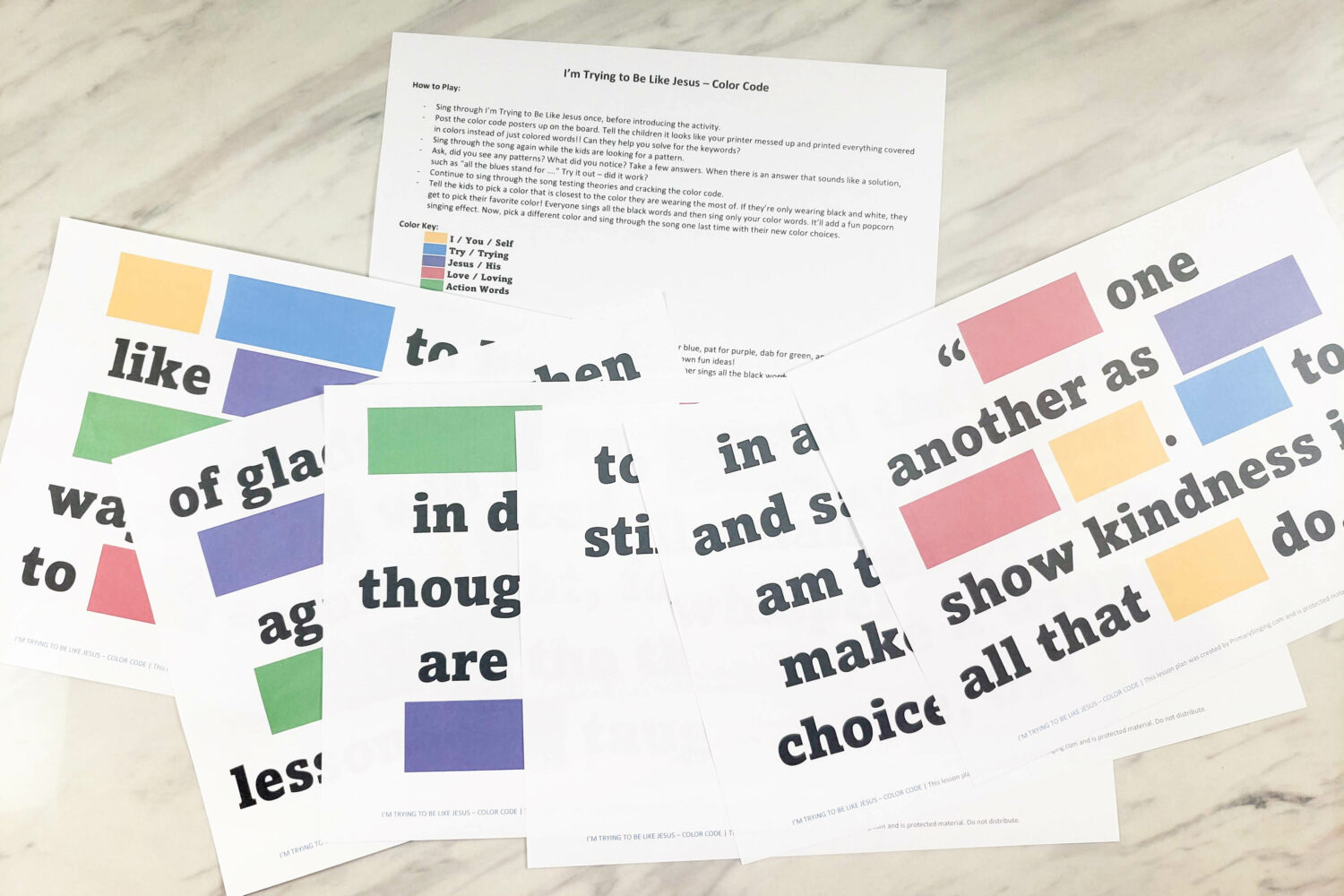 I'm Trying to Be Like Jesus Color Code singing time idea for LDS Primary music leaders. Use this fun crack the code - color edition to teach I'm Trying to Be Like Jesus and showcase some of the recurring themes in the song like trying and love with fun ways to play and printable song helps!