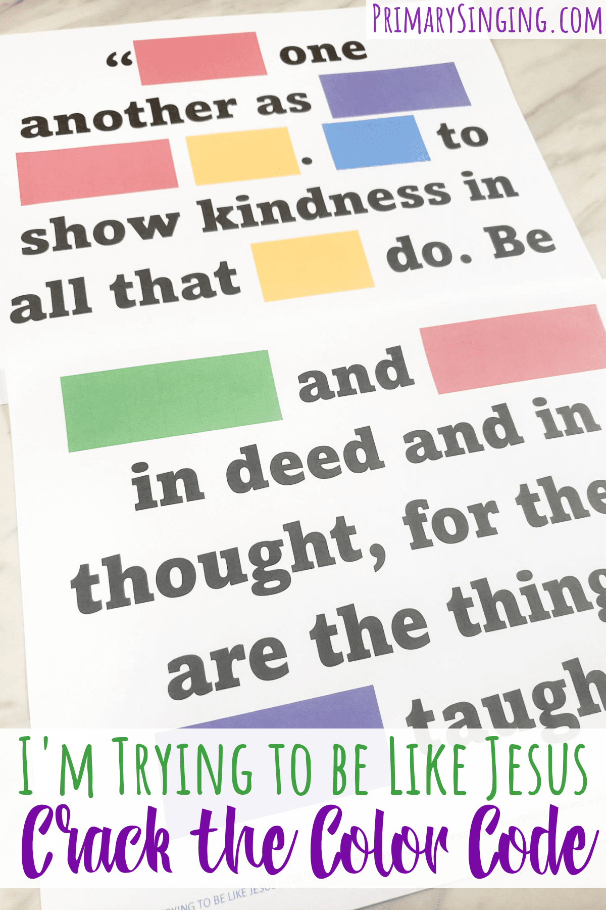 I'm Trying to Be Like Jesus Color Code singing time idea for LDS Primary music leaders. Use this fun crack the code - color edition to teach I'm Trying to Be Like Jesus and showcase some of the recurring themes in the song like trying and love with fun ways to play and printable song helps!