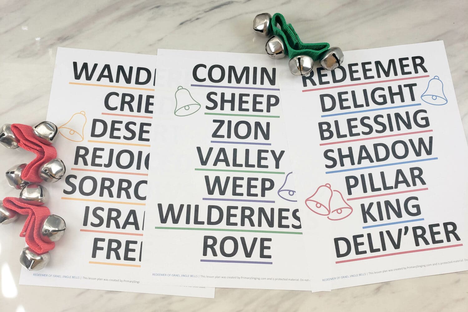 Redeemer of Israel jingle bells singing time ideas for LDS Primary Music Leaders. Ring out on these select keywords with vigor and then add in some fun challenge patterns, next! Printable song helps for singing time to teach this song.