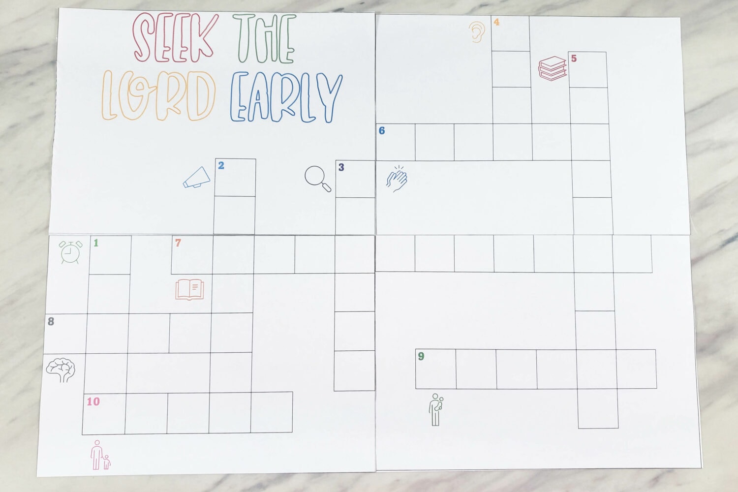 Seek the Lord Early Crossword Puzzles singing time ideas to fill in keywords with simple clues and printable song helps for LDS Primary Music Leaders