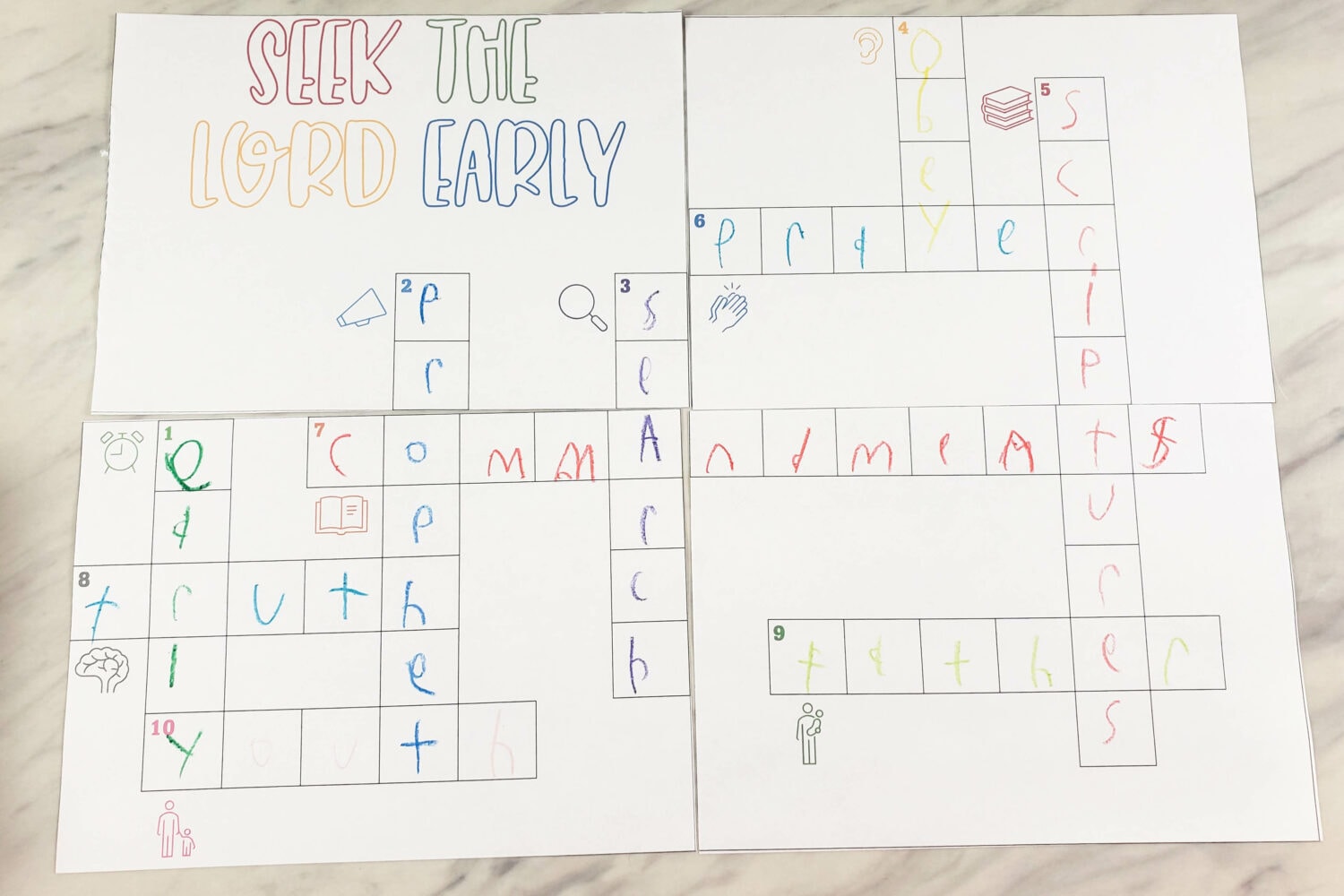 Seek the Lord Early Crossword Puzzles singing time ideas to fill in keywords with simple clues and printable song helps for LDS Primary Music Leaders
