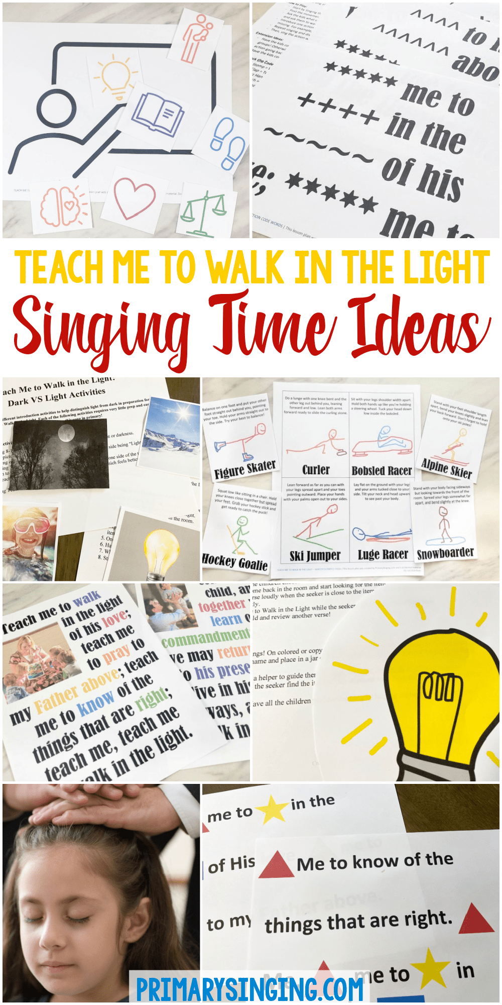 Teach Me to Walk in the Light Singing Time Ideas for LDS Primary music leaders including 20 fun ways to teach this song in Primary! Rebus, action code words, light vs dark, sports yoga and more! Printable song helps for teaching Teach Me to Walk in the Light song in Primary.