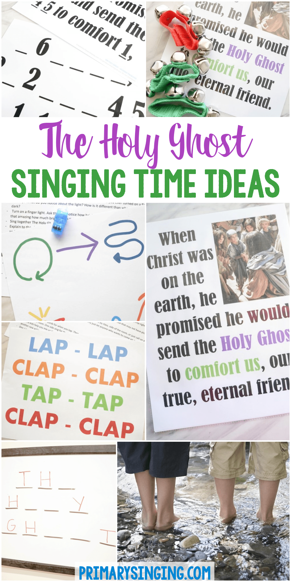 The Holy Ghost Singing Time Ideas for LDS Primary Music Leaders including 12 fun ideas for teaching The Holy Ghost in Primary and printable song helps to boot! Use a numbers crack the code, jingle bells, finger lights, object lesson, movement pattern, and more!