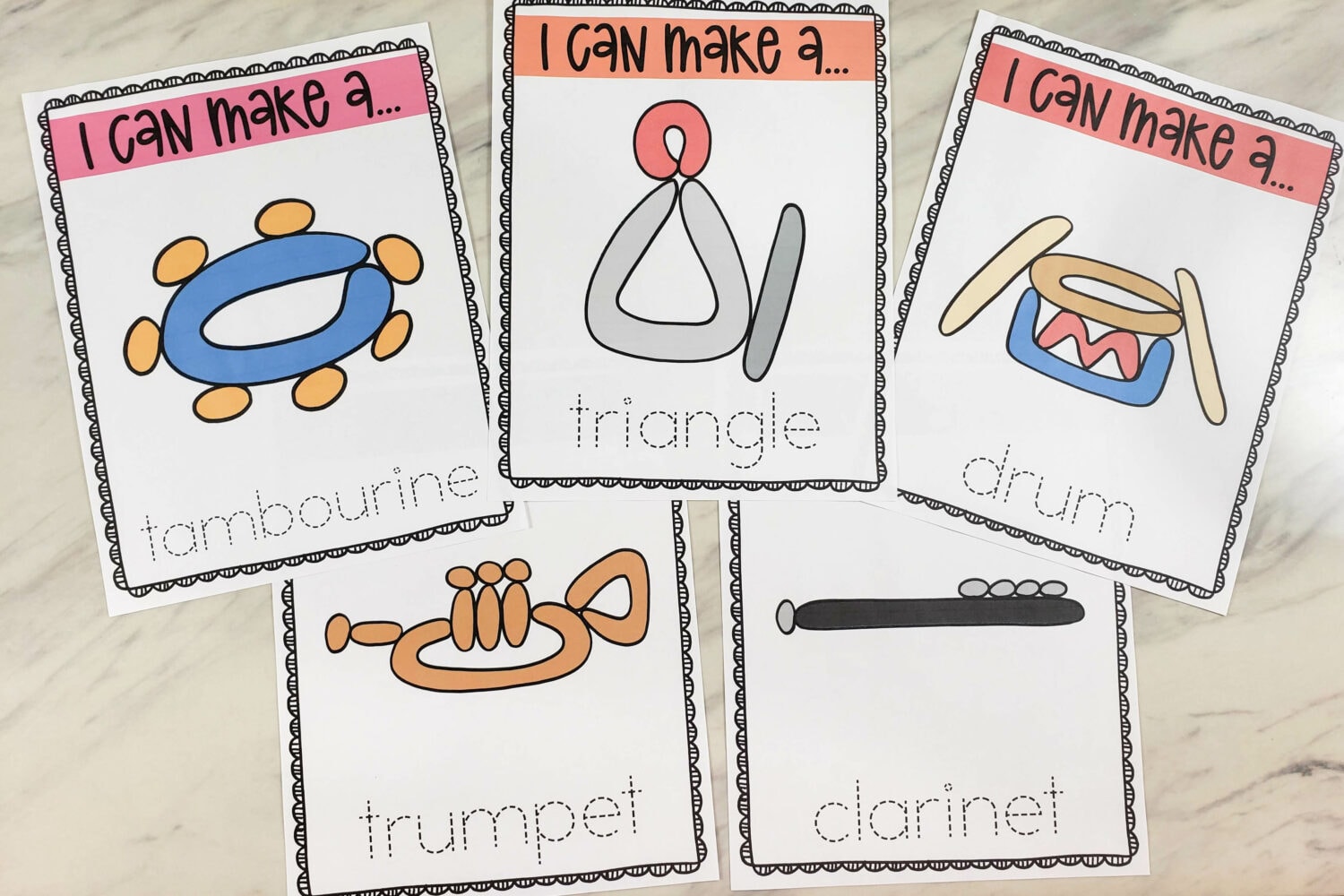 Musical Instruments Playdoh Mats Printable - Learn to identify and shape a variety of fun musical instruments using playdoh! Fun singing time idea for music leaders! Includes 12 different instruments and handwriting practice worksheet.