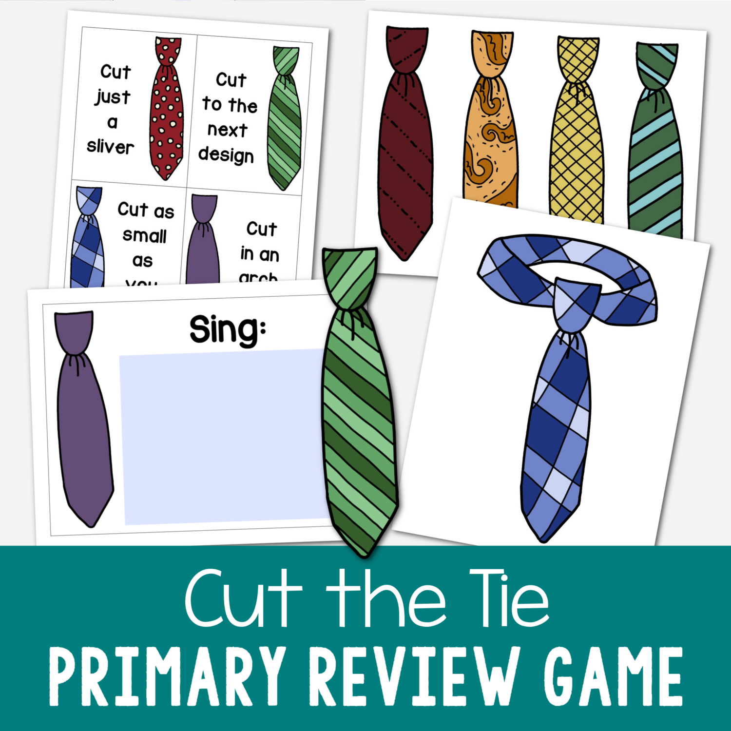 Cut the Tie Primary Singing Time Review Game - Perfect for Father's Day or to review all of your Primary Program songs. Simply cut the ties as you review them. Includes fun ways to sing cards, how much to cut, and editable song title cards. Printable song helps for LDS primary music leaders.
