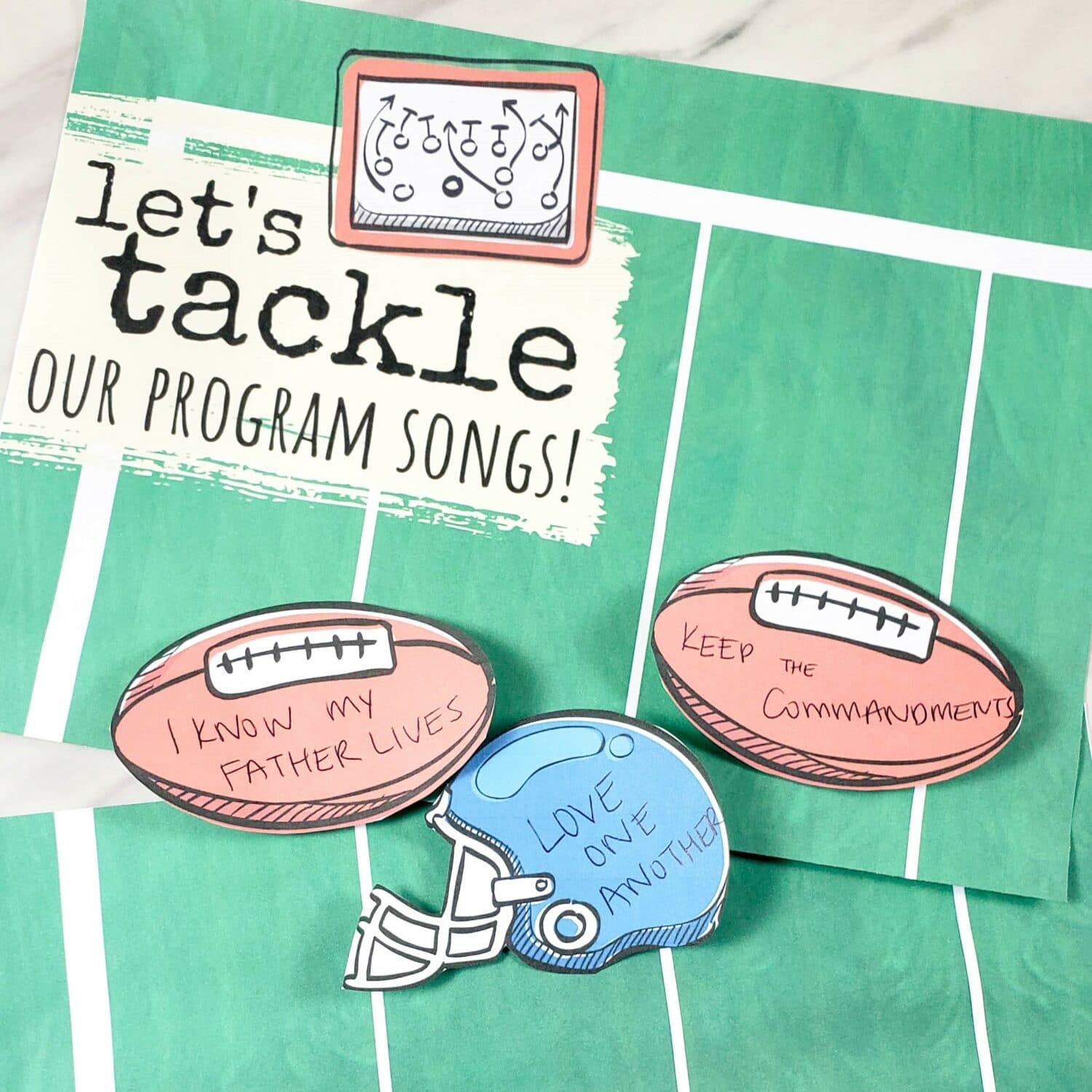 Let's Tackle Our Program Songs football themed primary program review idea for LDS Primary Music Leaders with free printable song helps and fun ways to practice your program songs.