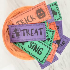 Halloween Trick Treat or Sing fun singing time idea for Halloween (or use it any time of the year!) with a fun assortment of tricks (silly and simple actions), treats (can give a candy or use one of the sweet activities), and sing cards with fun ways to sing! Printable song helps for LDS Primary Music Leaders and blank cards to make this lesson plan unique to your class!
