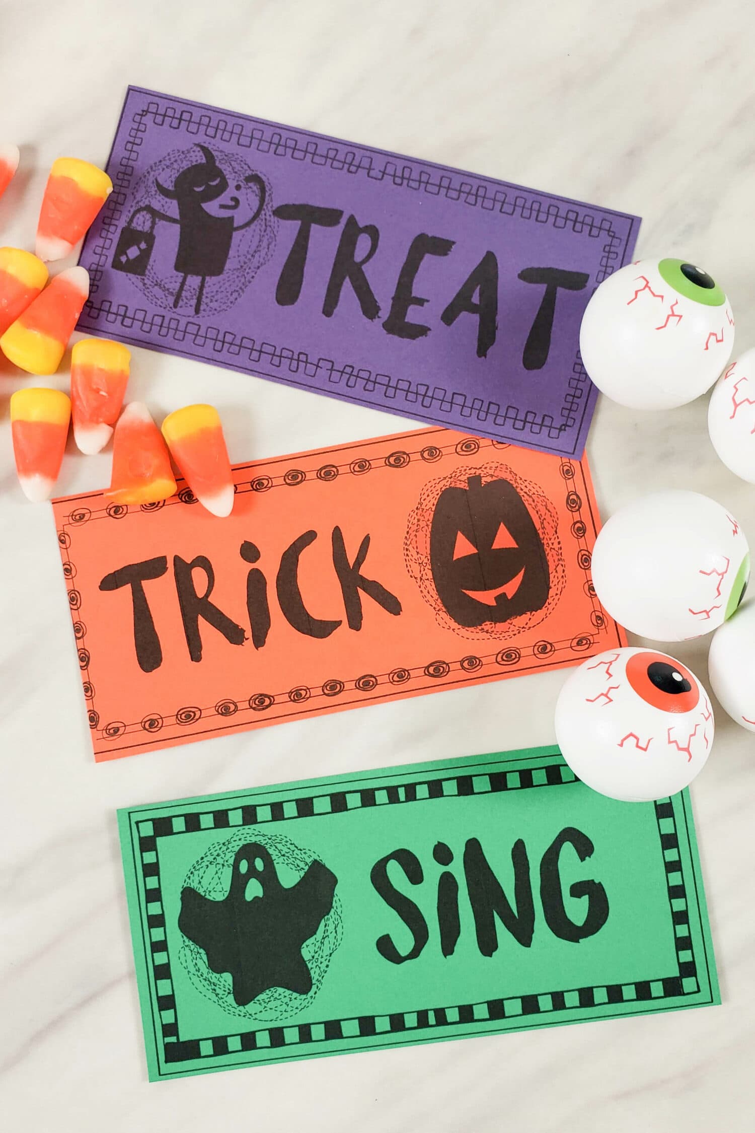 Halloween Trick Treat or Sing fun singing time idea for Halloween (or use it any time of the year!) with a fun assortment of tricks (silly and simple actions), treats (can give a candy or use one of the sweet activities), and sing cards with fun ways to sing! Printable song helps for LDS Primary Music Leaders and blank cards to make this lesson plan unique to your class!