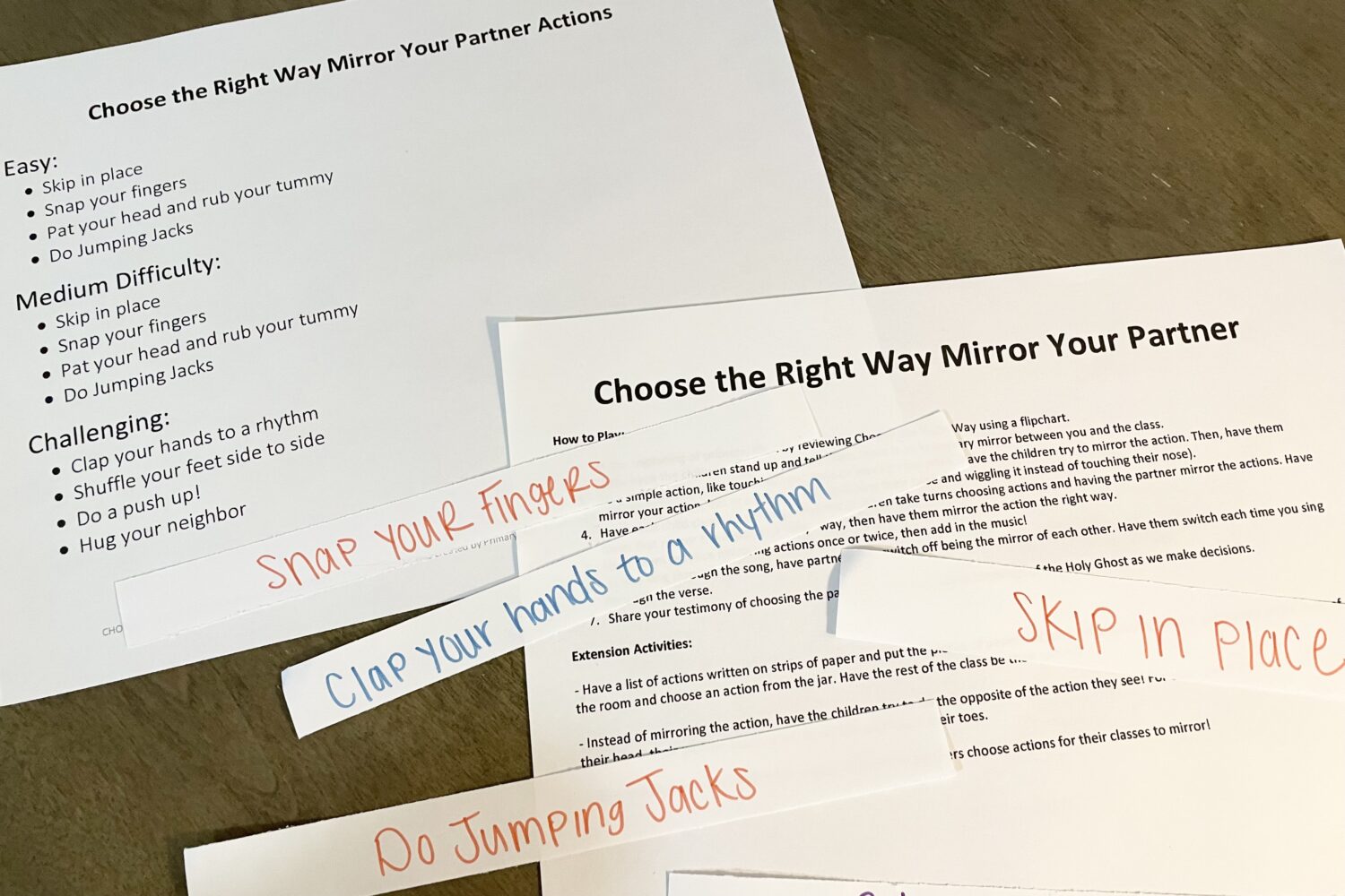 Choose the Right Way Mirror Your Partner singing time idea - A perfect way to tie in the lyrics with movement! Let the kids follow correctly and a "silly" way to contrast right and wrong. Song helps for LDS Primary music leaders.