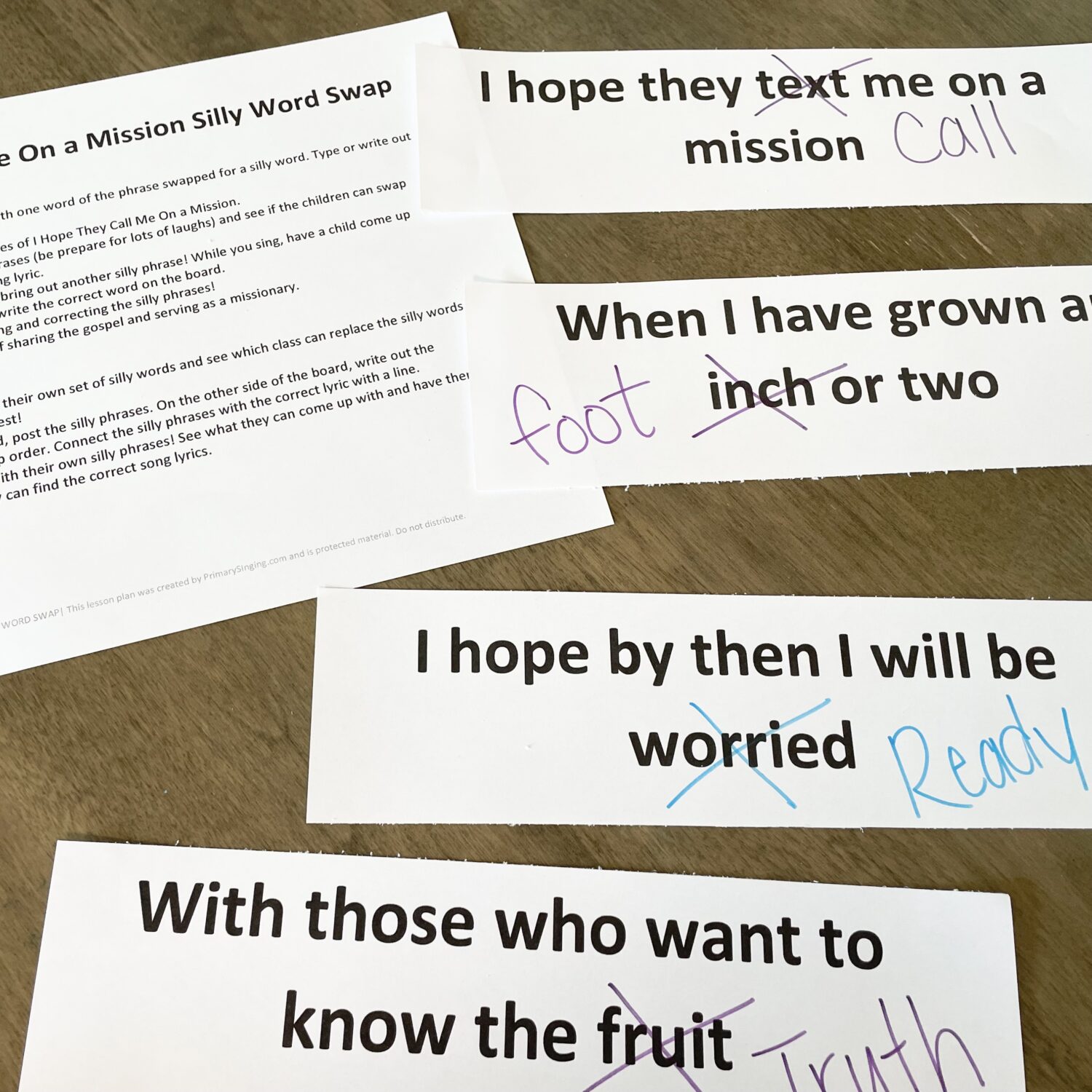 Use this Silly Word Swap activity to review I Hope They Call Me On a Mission in primary! Just swap out one of the song lyrics for a silly word and see if the kids can detect the word that doesn't quite fit! Or, switch it up and play as a MadLib! Easy singing time idea for LDS Primary Music Leaders with printable song helps.