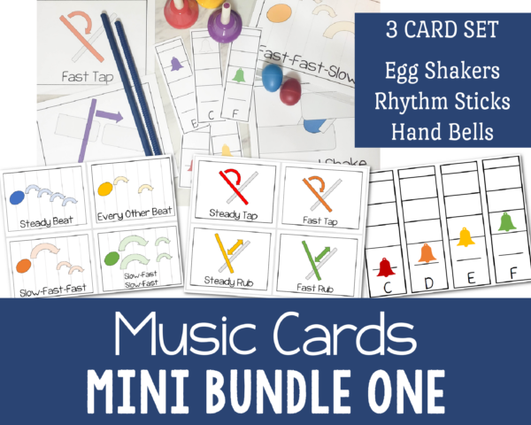 Mini Bundle One Music Cards - rhythm stick, hand bells, egg shakers cards printable song helps for Primary Singing time and music teachers in class helps