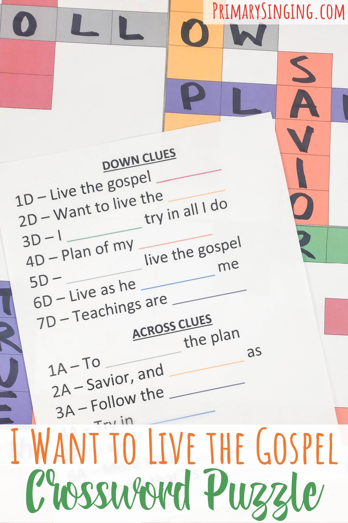 I Want to Live the Gospel Crossword Puzzle printable singing time idea - have the children help you fill in which line of lyrics come next as they fill in the clues in this crossword! Free printable song helps for LDS Primary Music Leaders.