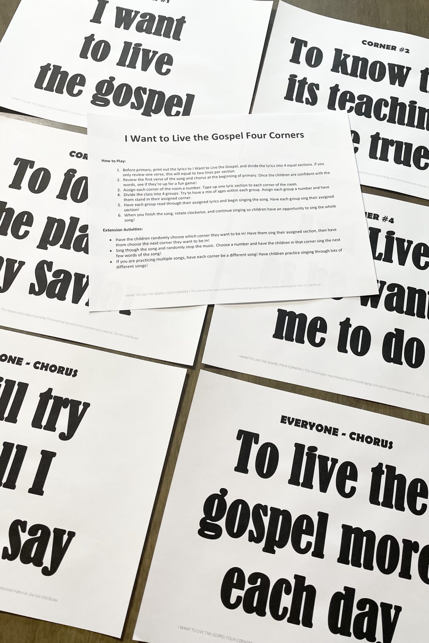 I Want to Live the Gospel Four Corners easy singing time idea! No prep needed! Just put one line of the song in each corner in this fun way to teach I Want to Live the Gospel LDS Primary Song with printable song helps for Primary Music Leaders.