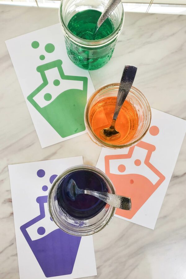 3 colorful magic potions for kids with diy directions and recipe orange potion, green Halloween potion, and purple fake potions!