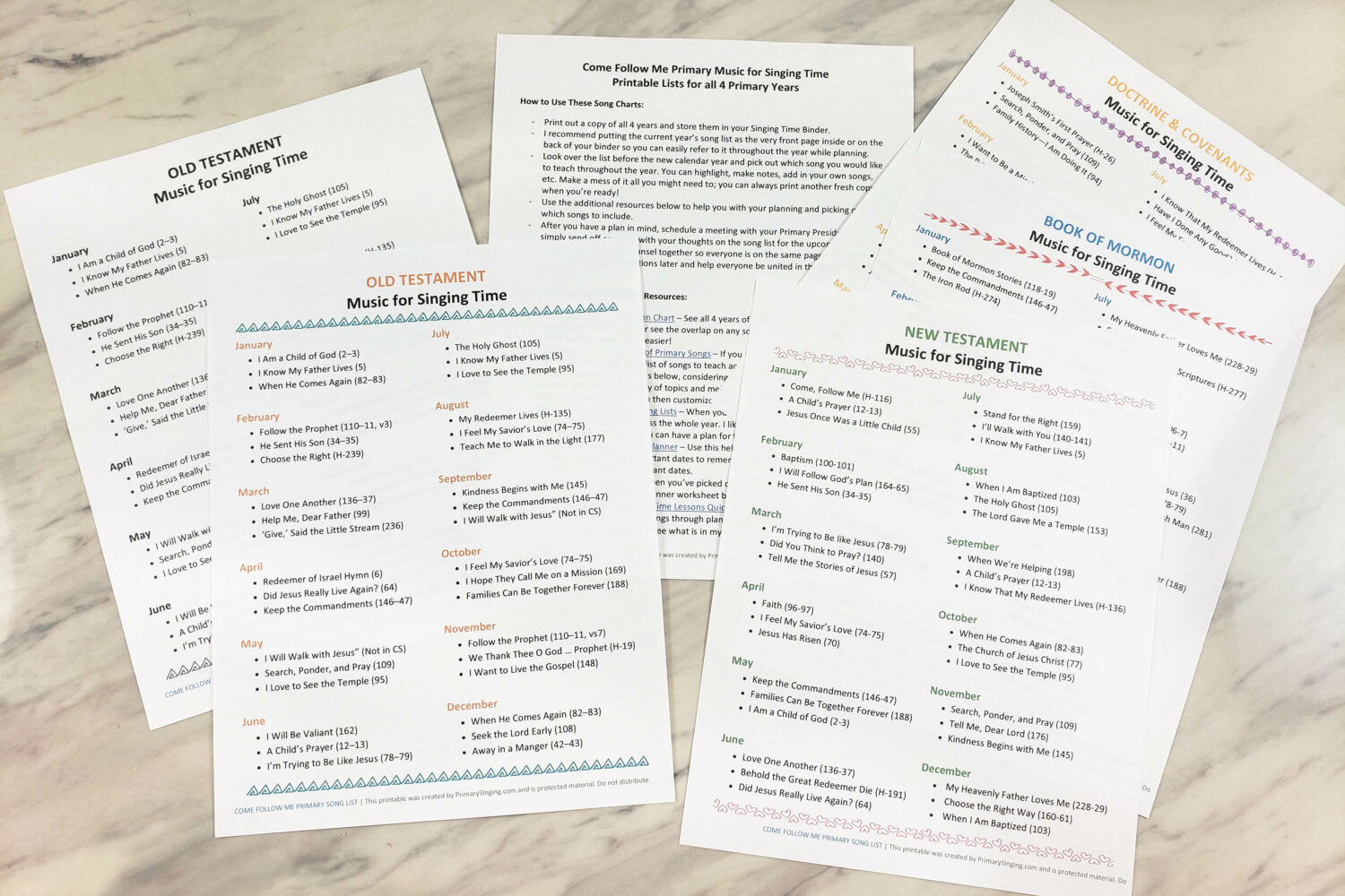 4 years of Come Follow Me LDS Primary songs printable list for Singing Time with music numbers. Plus, ideas + planning helps for all songs for Music leaders. Old Testament, New Testament, Book of Mormon, and Doctrine & Covenants primary song lists!