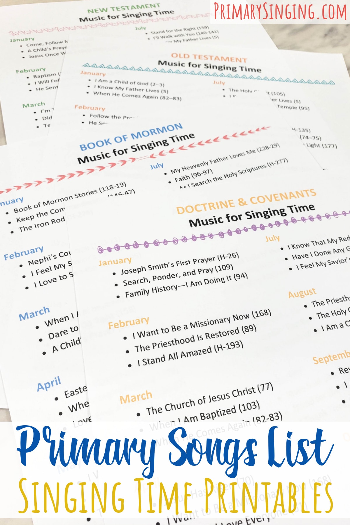 4 years of Come Follow Me LDS Primary songs printable list for Singing Time with music numbers. Plus, ideas + planning helps for all songs for Music leaders. Old Testament, New Testament, Book of Mormon, and Doctrine & Covenants primary song lists!