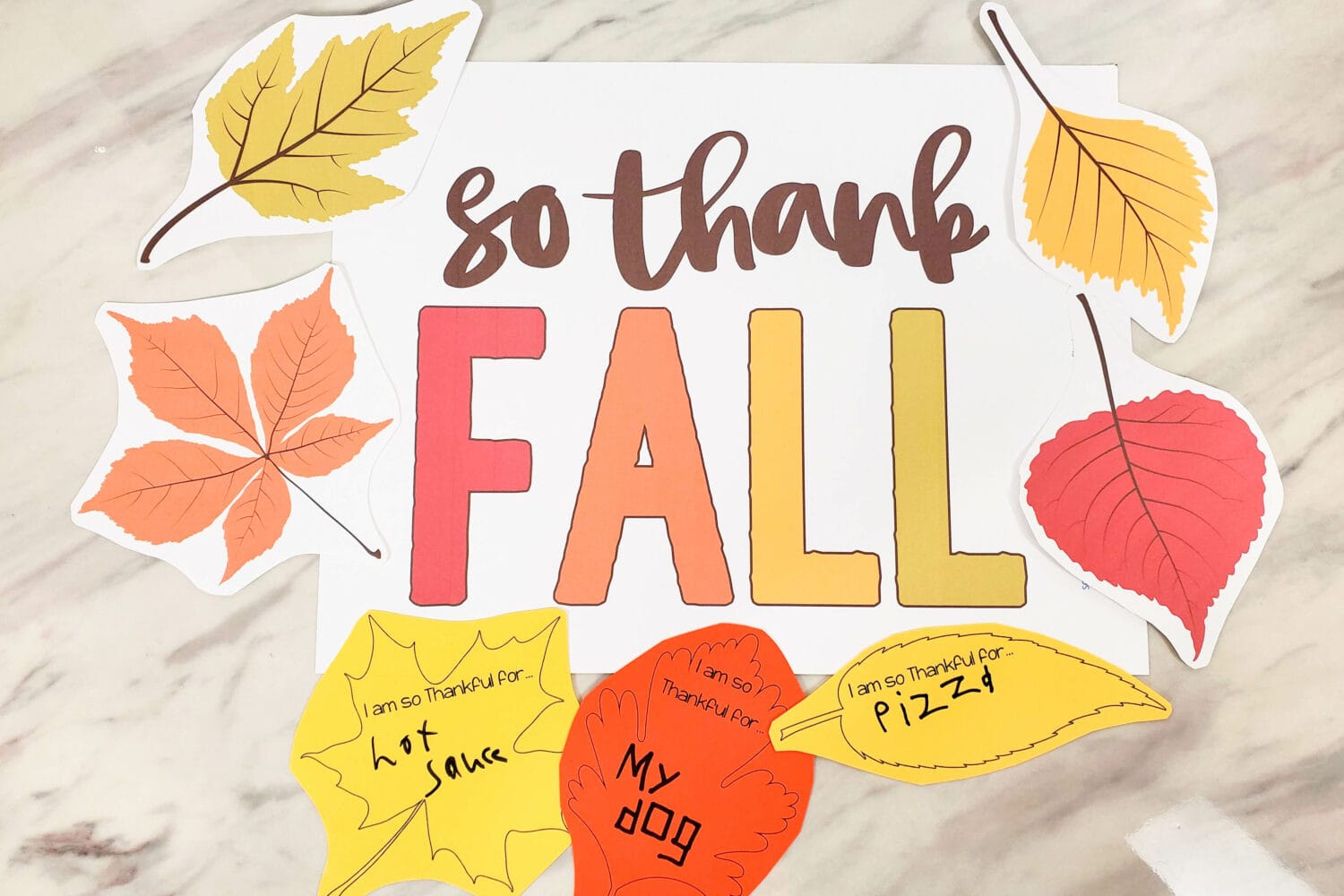 So Thank Fall!! Cute printable Thankful leaves printable in a few different styles perfect for a lesson on gratitude or being thankful. Use this singing time idea to teach We Thank Thee O God for a Prophet LDS Primary Song or I am Thankful by Angie Killian or any song you choose. Free printable song helps for Primary Music Leaders and teachers.