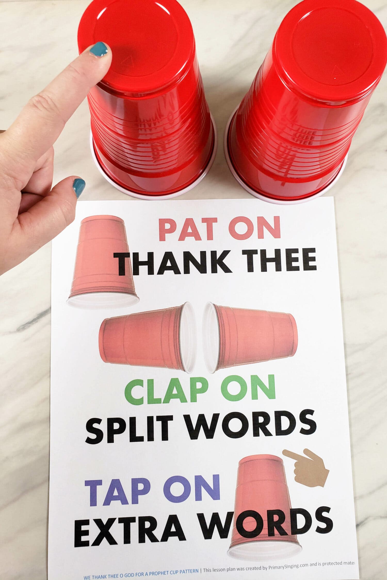 We Thank Thee O God for a Prophet Cup Actions singing time idea - Try these 3 patterns to give the kids a challenge with movement and music while teaching this song for LDS Primary Music Leaders. See our printable song helps now!