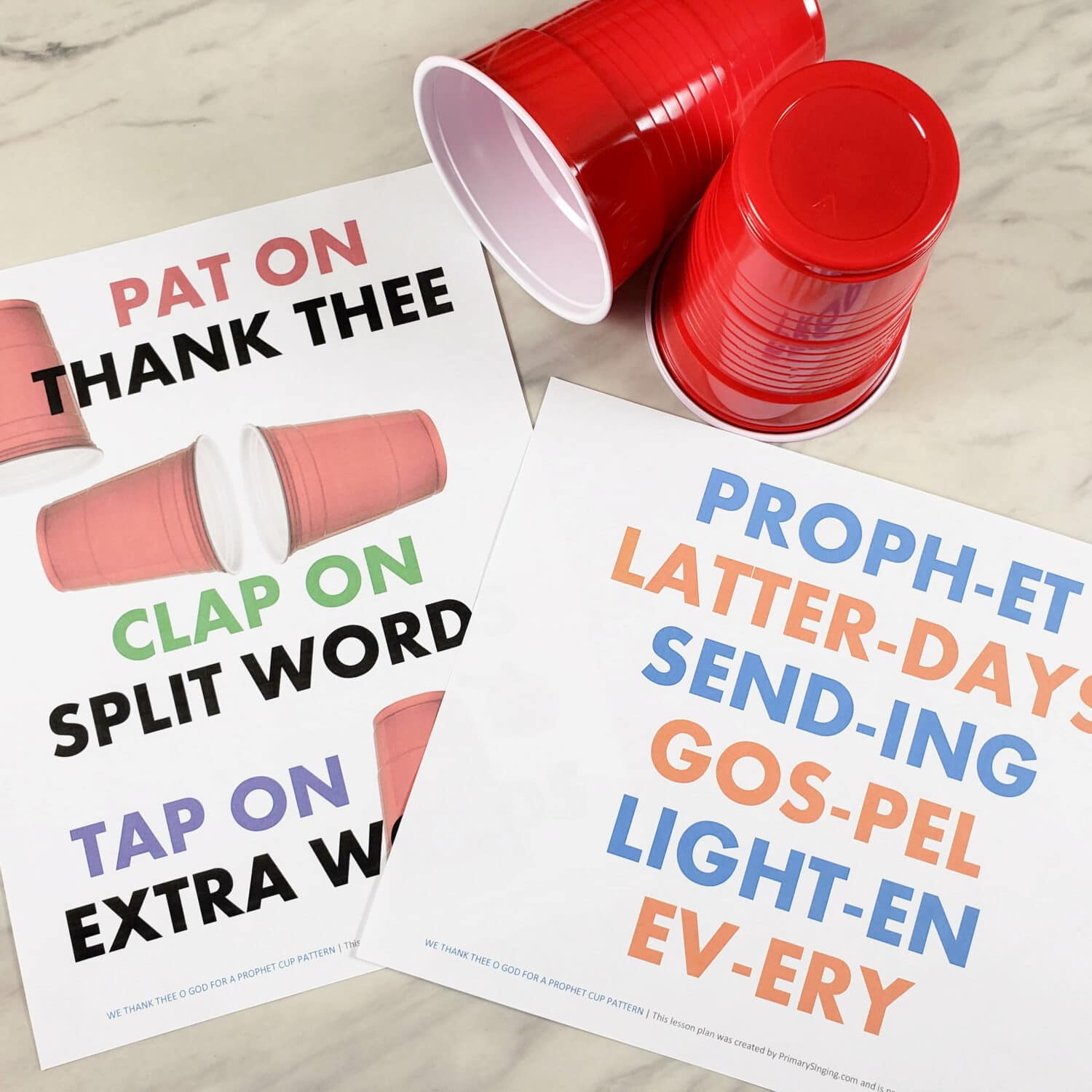 We Thank Thee O God for a Prophet Cup Actions singing time idea - Try these 3 patterns to give the kids a challenge with movement and music while teaching this song for LDS Primary Music Leaders. See our printable song helps now!