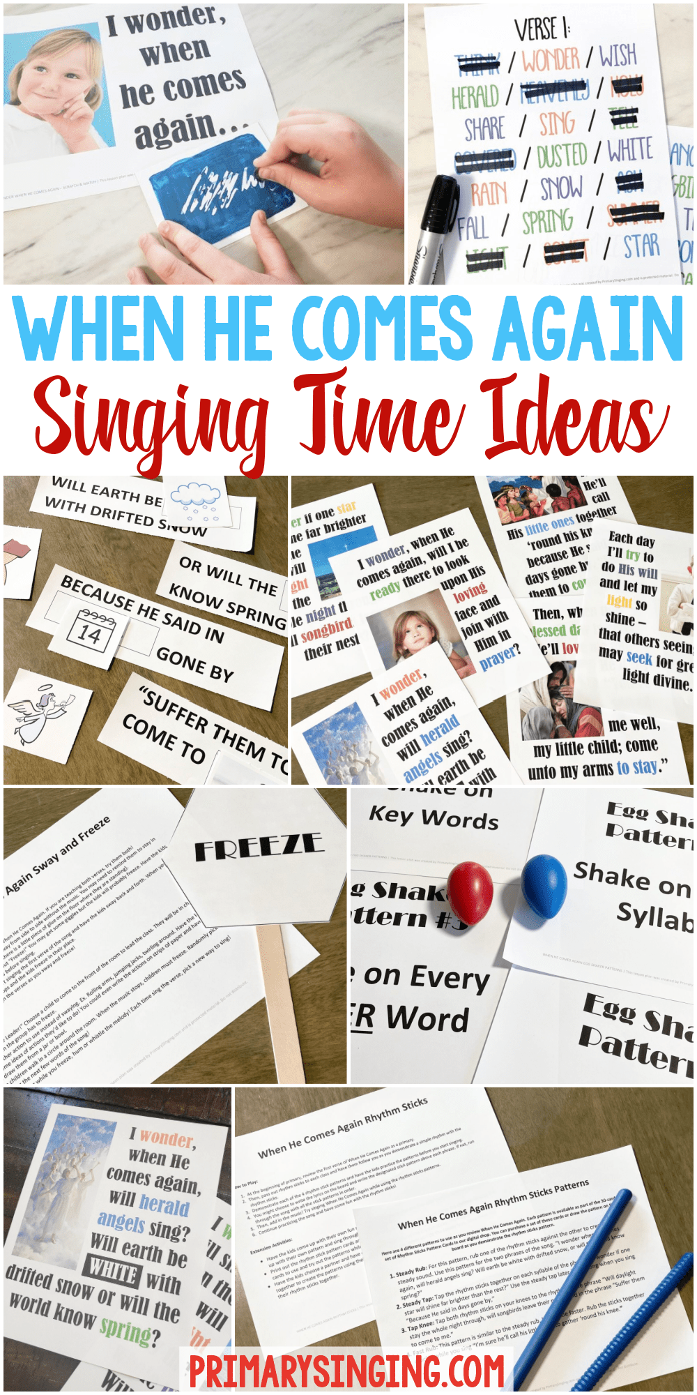 25 I Wonder When He Comes Again Singing Time Ideas! So many fun activities and easy ways to teach When He Comes Again LDS Primary Song using egg shakers, sway and freeze, fill in the blank, and many more! Song helps and ideas for LDS Primary Music Leaders.