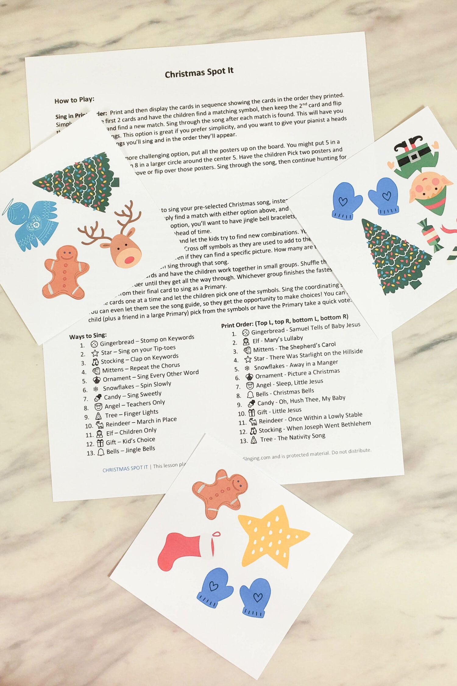 Try out this SO cute and fun printable Christmas Spot It game! Includes a free printable spot it game with a Christmas theme and 13 game cards. Print in 1/4 page or full page size with fun variations on ways to play. Plus ideas for using this activity for Singing Time for LDS Primary Music Leaders with Christmas Songs from the Children's Songbook or Christmas ways to sing.