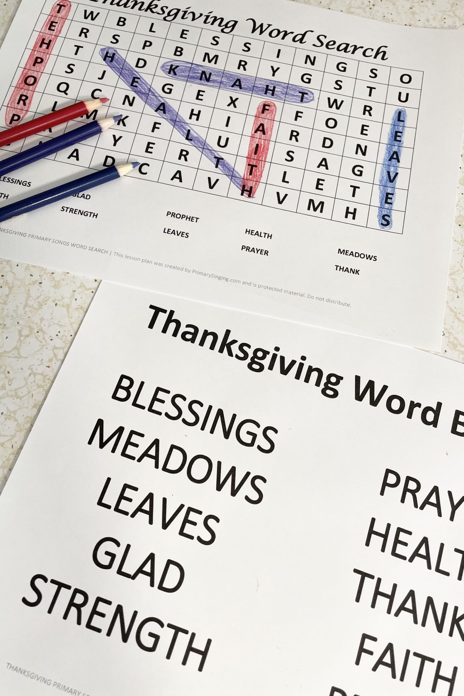 Easy singing time idea -- Have some fun with this Thanksgiving-themed word search while singing primary songs about gratitude!  Have the kids see how many words they can find and how many songs they recognize! Then, sing the fall songs as you go! Printable song helps for LDS Primary Music Leaders. #LDS #Primary #Singingtime #Musicleader 