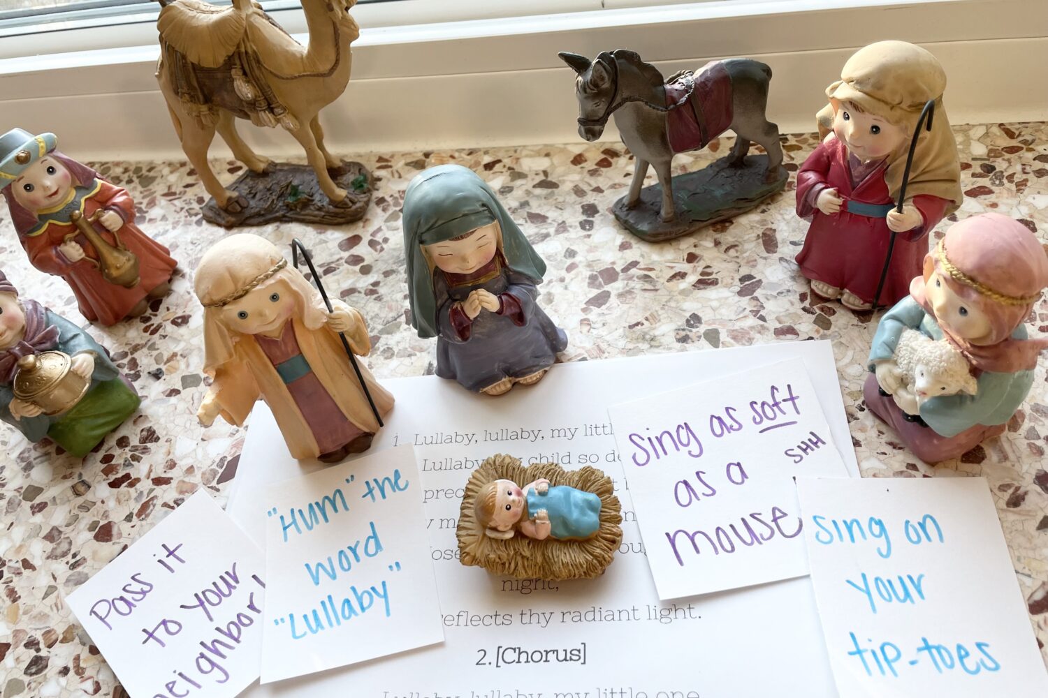 Mary's Lullaby Nativity Scene singing time idea- Add pieces to a manger scene gradually as you practice this song in this spiritual activity for LDS primary leaders teaching this song this Christmas!