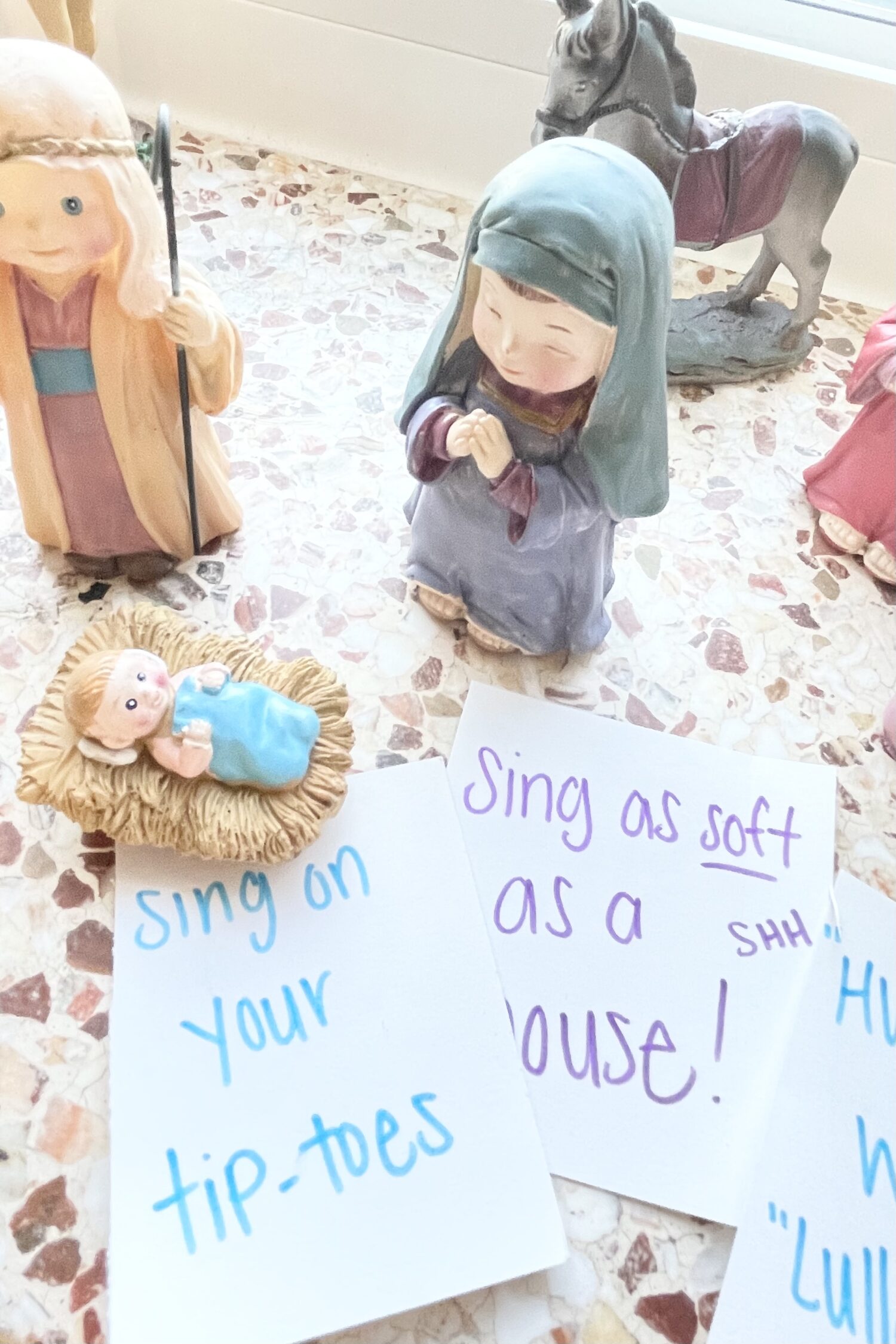 Mary's Lullaby Nativity Scene singing time idea- Add pieces to a manger scene gradually as you practice this song in this spiritual activity for LDS primary leaders teaching this song this Christmas!