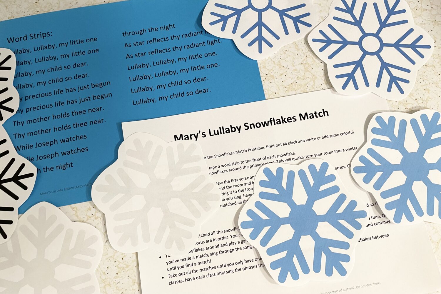 Mary's Lullaby snowflakes match game printable singing time idea for Christmas!