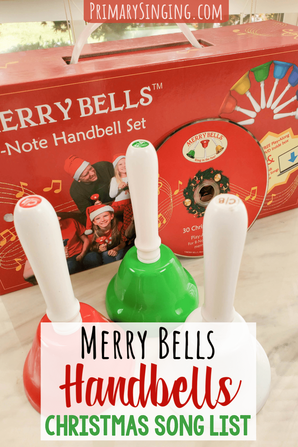 Merry Bells Christmas Song List - A fun holiday tradition with your family perfect for 4-8 people or add a second handbells set to expand to more participants! See all the Merry Bells Handbells charts and Play-Along DVDs for Christmas, Primary, Hymns, Children's songs, and Patriotic songs.