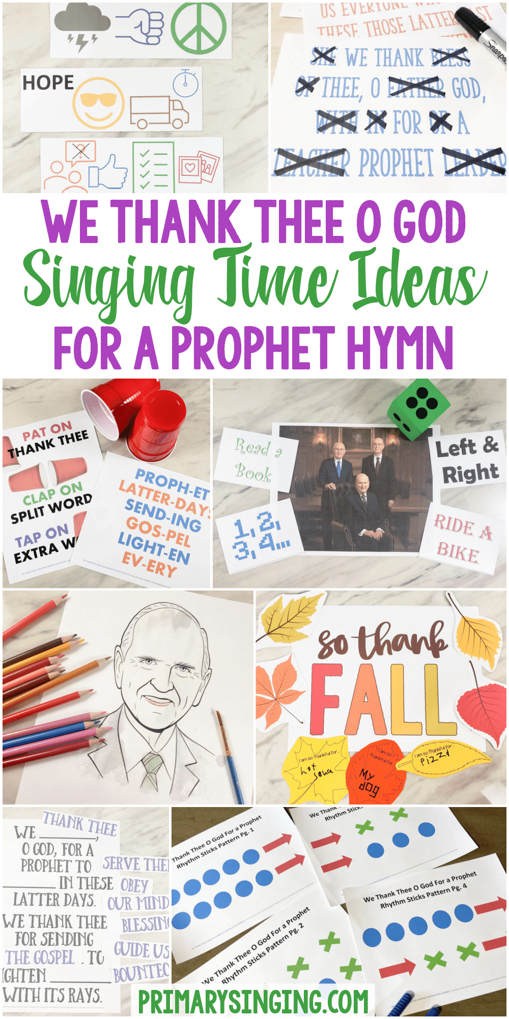 25 We Thank Thee O God for a Prophet Singing Time ideas for LDS Hymn #116! Fun ways to teach this hymn for LDS Primary Music Leaders. Try the cup pattern, rhythm sticks, find the word, rebus, and lots more fun teaching activities and printable song helps!