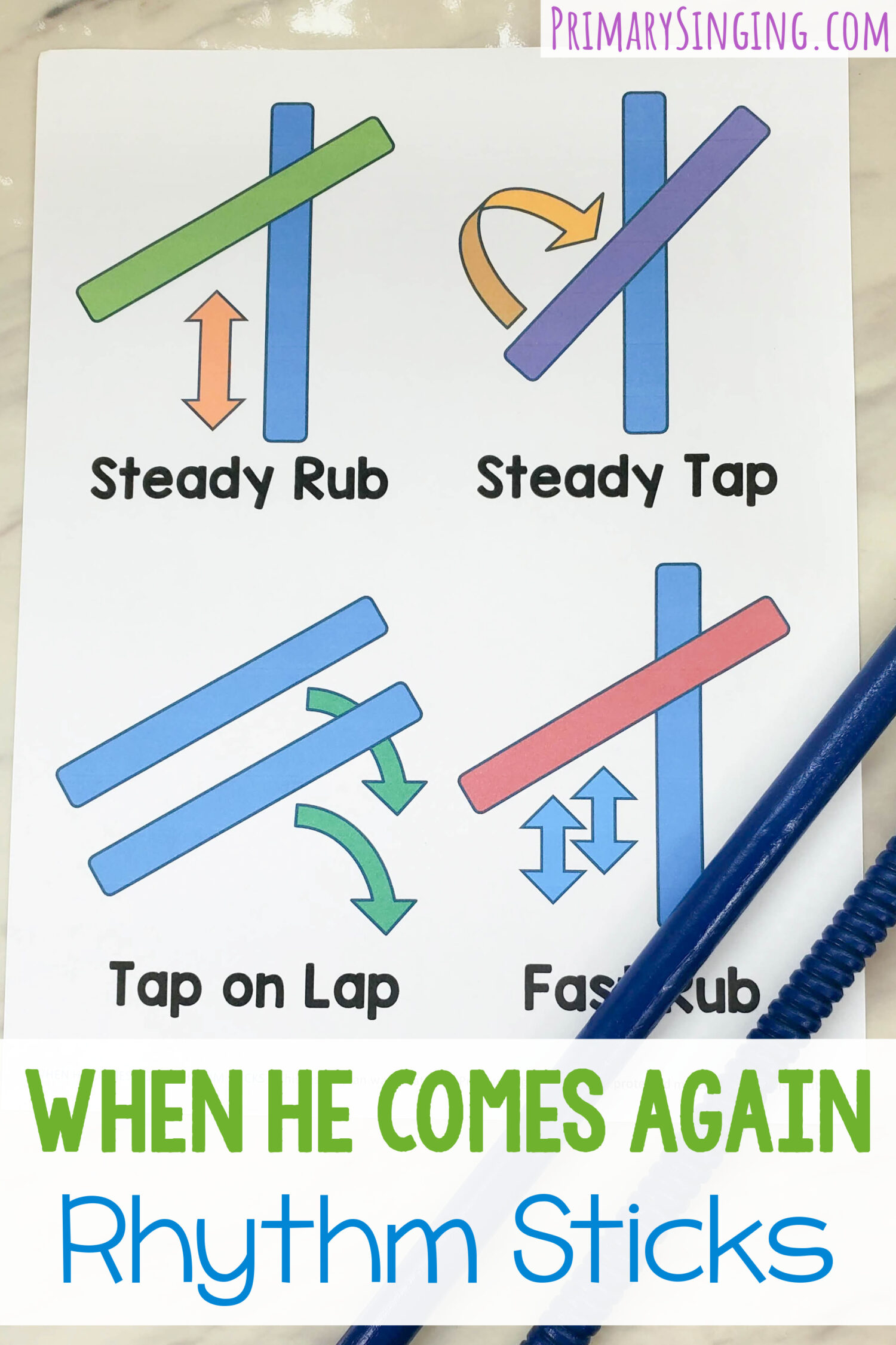 Use this fun When He Comes Again Rhythm Sticks activity in primary! These 4 rhythm patterns are great for Junior and Senior primary! Includes printable singing time song helps for LDS primary music leaders.