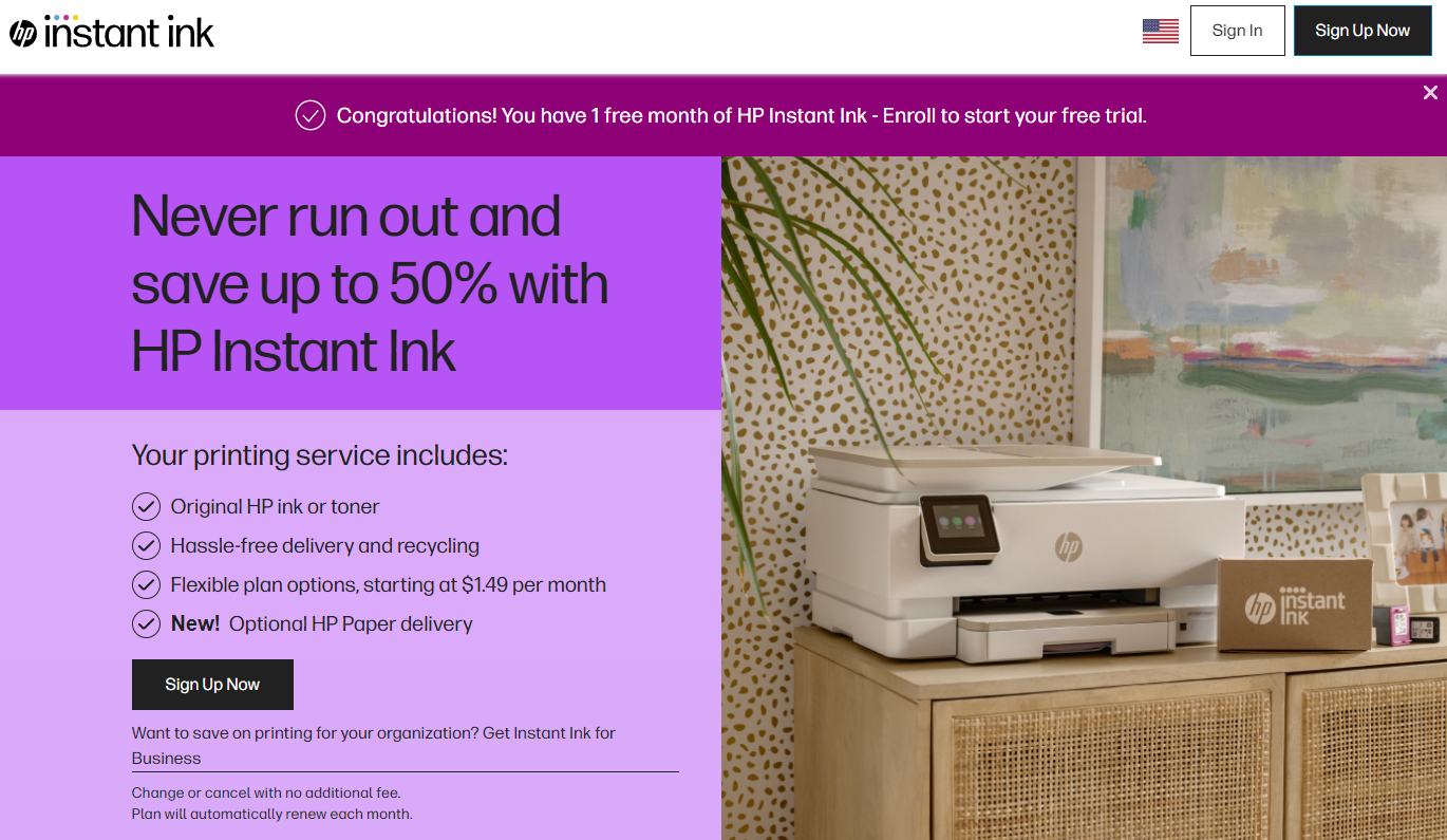 hp instant ink subscription free month