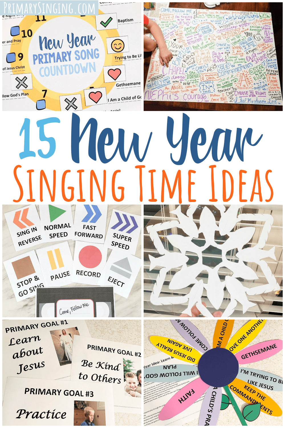 15 fun New Year Singing Time ideas - simple and easy activity to celebrate New Year's Eve or the start of a brand new year with printable song helps for LDS Primary music leaders. Use your own selections of songs, the kids favorite songs from the past, or your new song list for the year ahead (future) with any of these easy lesson plans.