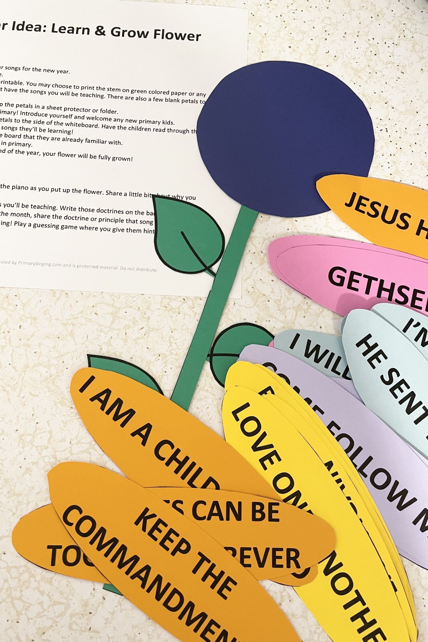 Cute New Years Learn & Grow Flower activity printable introduction activity for Come Follow Me New Testament Songs for LDS Primary Music Leaders.