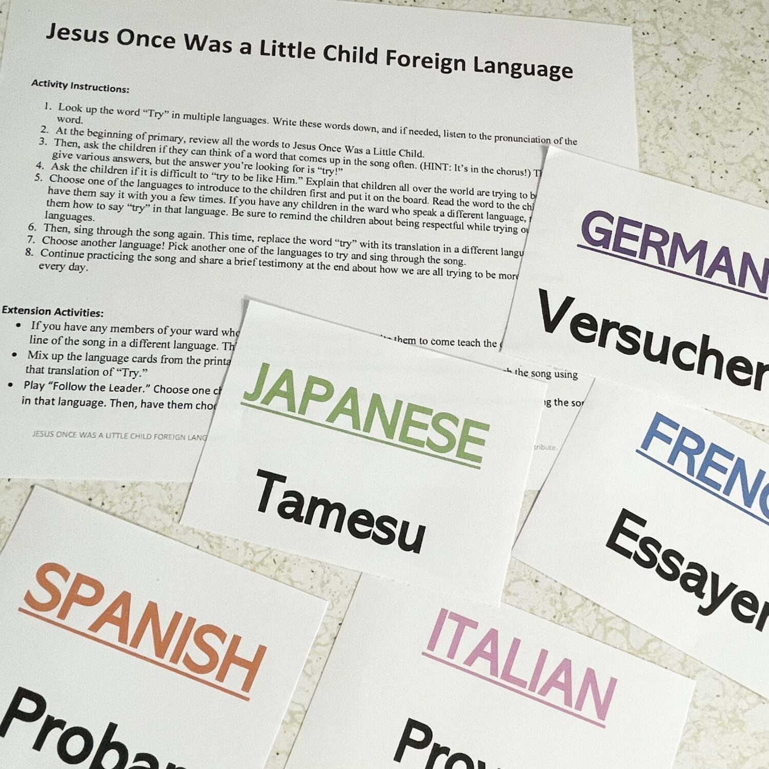 Fun Jesus Once Was a Little Child Foreign Language primary singing time idea learn how to sing in 8 different languages with this word game for LDS Primary Music Leaders teaching Come Follow Me New Testament.